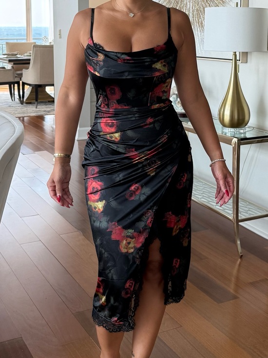 Popilush Dresses & Skirts - Cowl Neck Floral Midi Dress in Black with Red Accents
